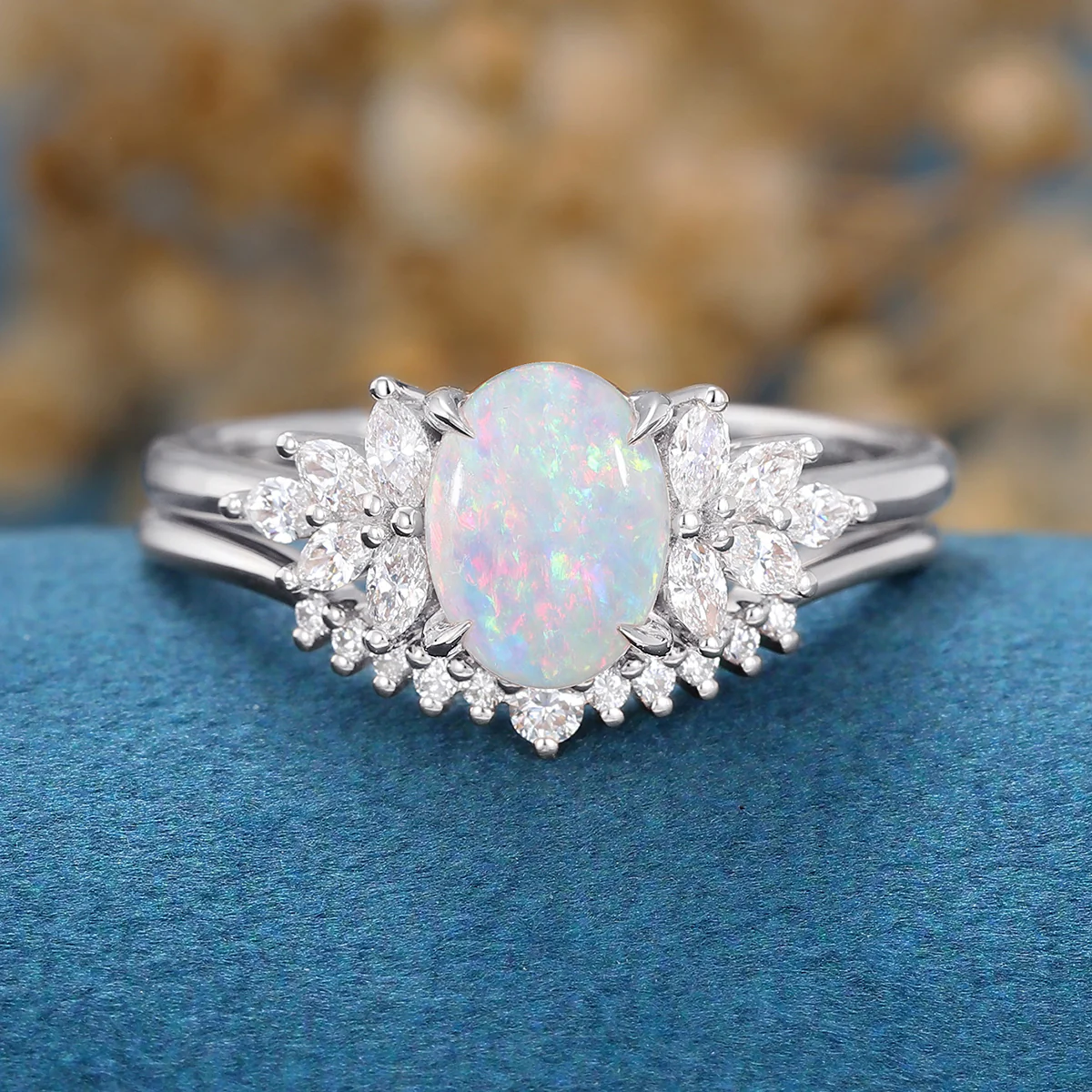 1Carat Oval cut Opal Engagement ring Bridal Set - Image 8