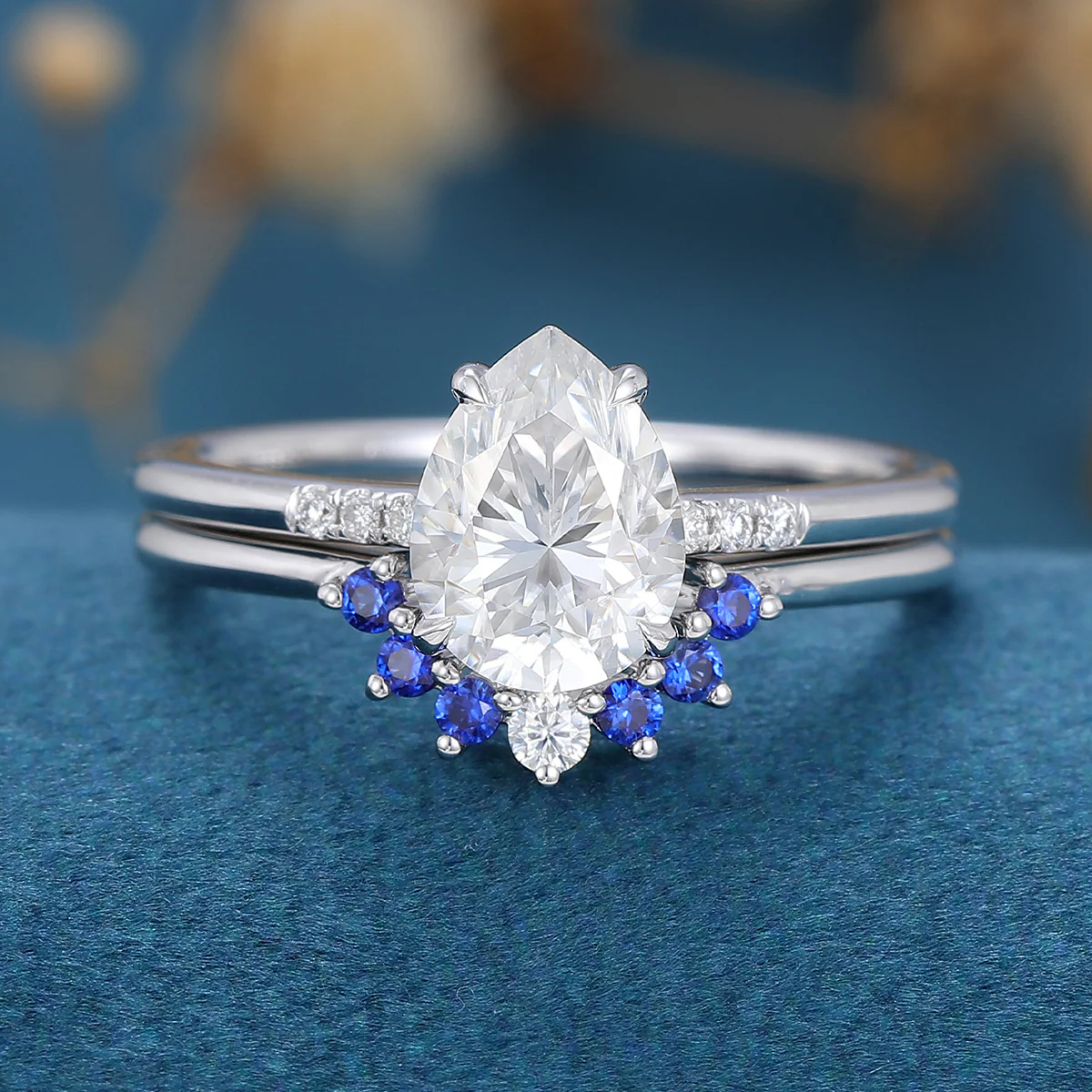 1.2 Carat Vintage Pear cut Moissanite Cluster Engagement Bridal Set - Image 4