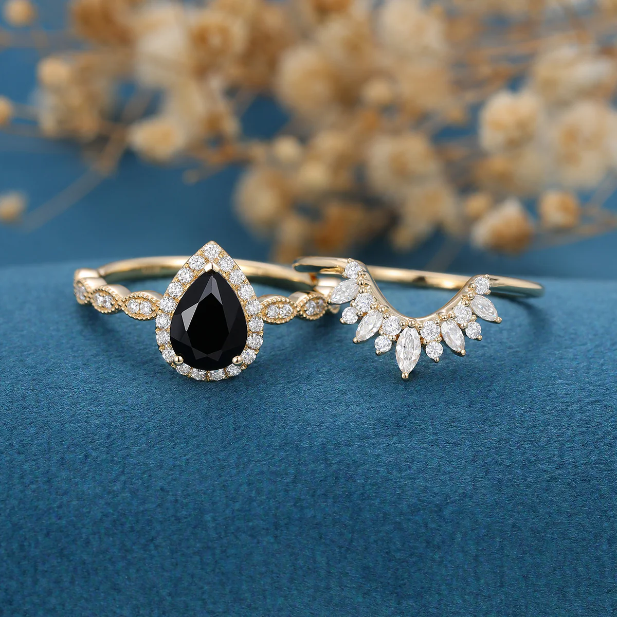 Pear Black Onyx Halo Diamond Half Eternity Engagement ring - Image 3