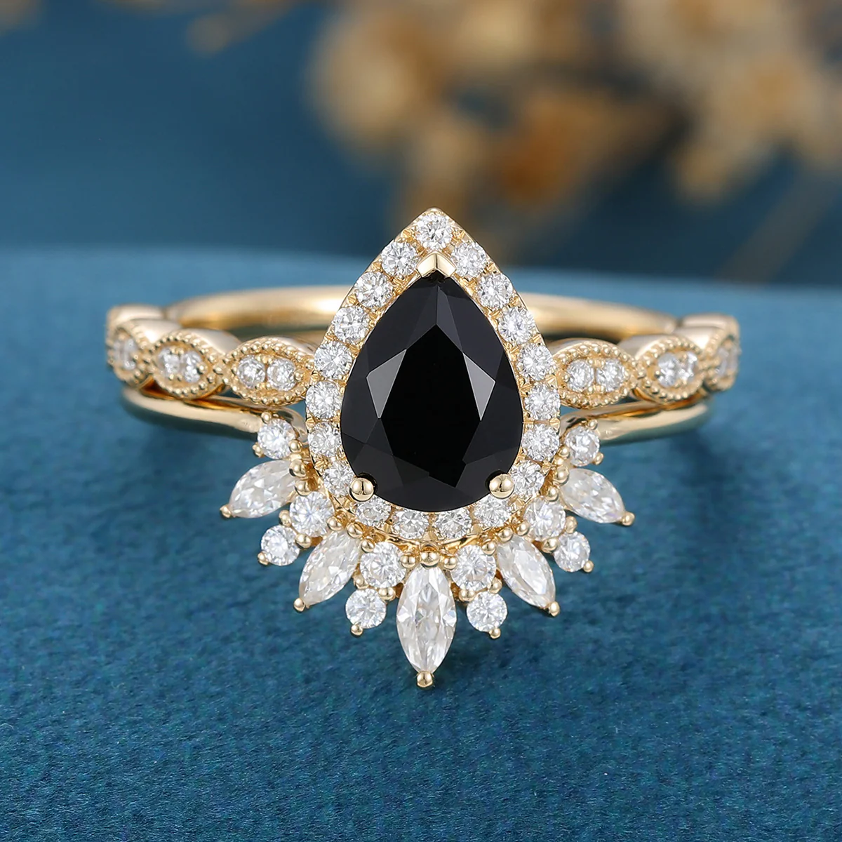 Pear Black Onyx Halo Diamond Half Eternity Engagement ring - Image 4