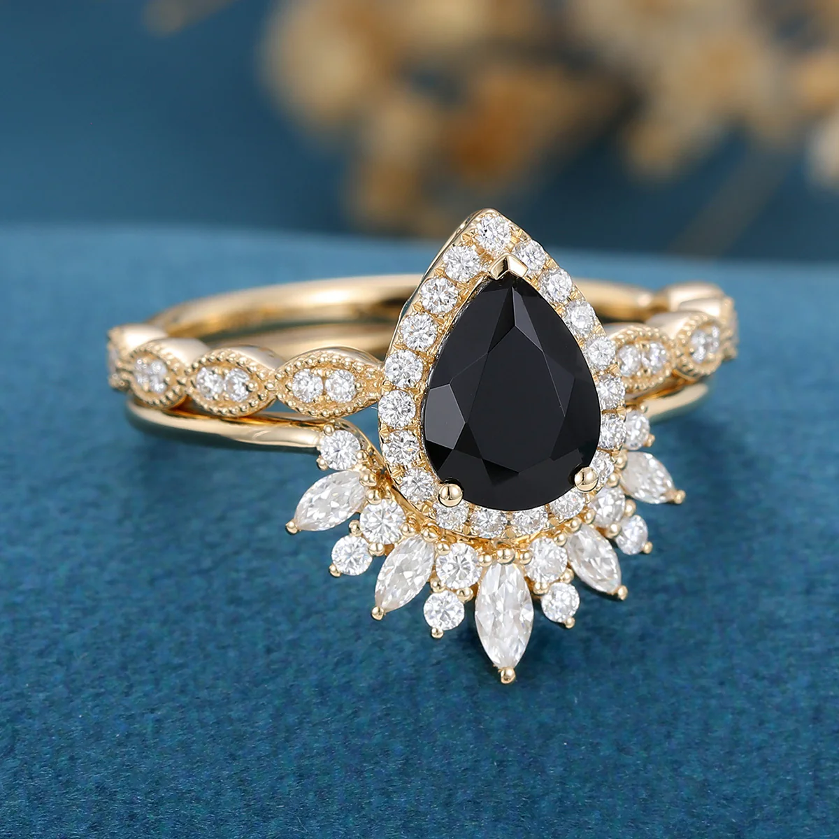 Pear Black Onyx Halo Diamond Half Eternity Engagement ring - Image 5