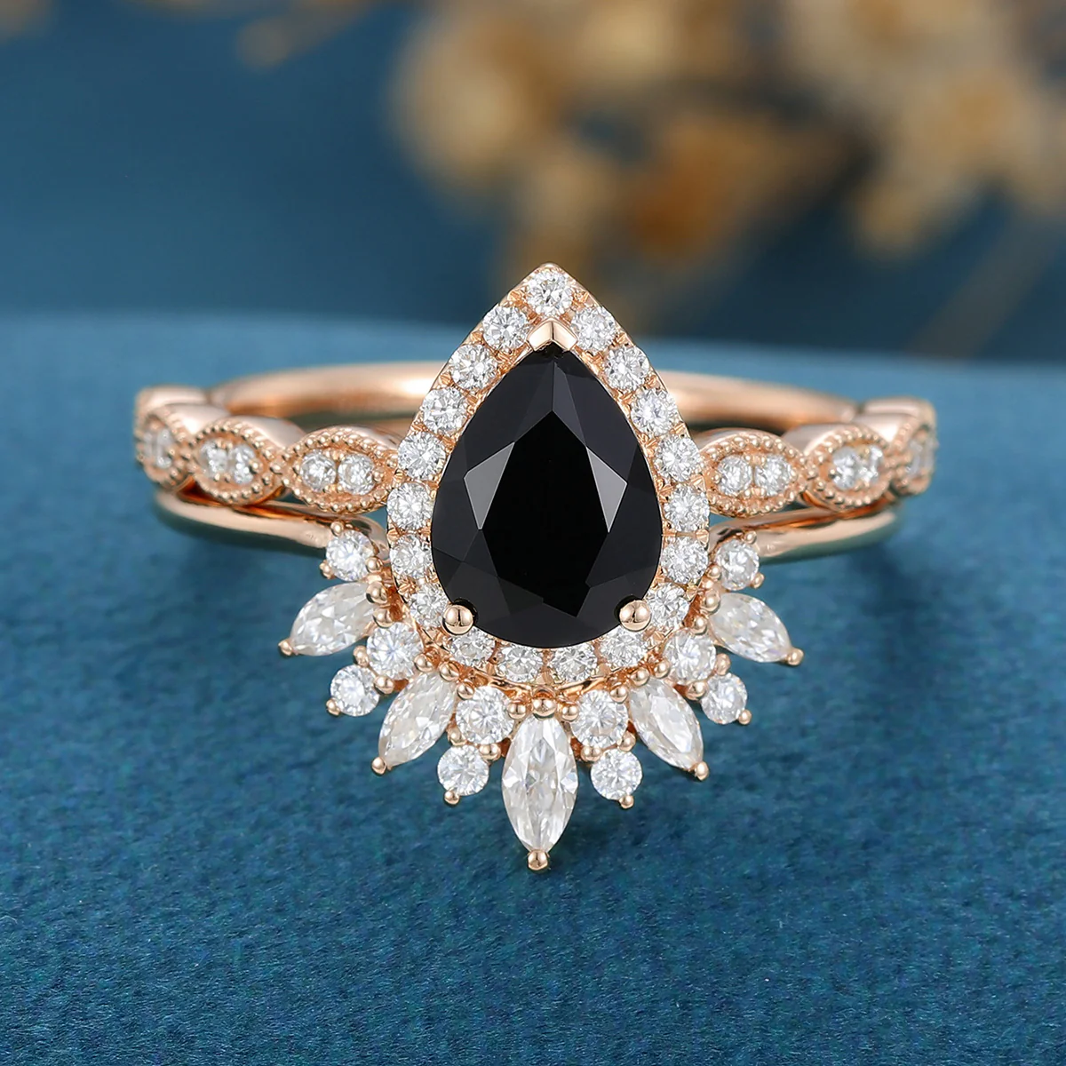 Pear Black Onyx Halo Diamond Half Eternity Engagement ring - Image 6