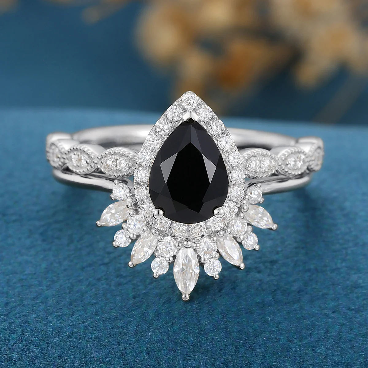 Pear Black Onyx Halo Diamond Half Eternity Engagement ring - Image 7