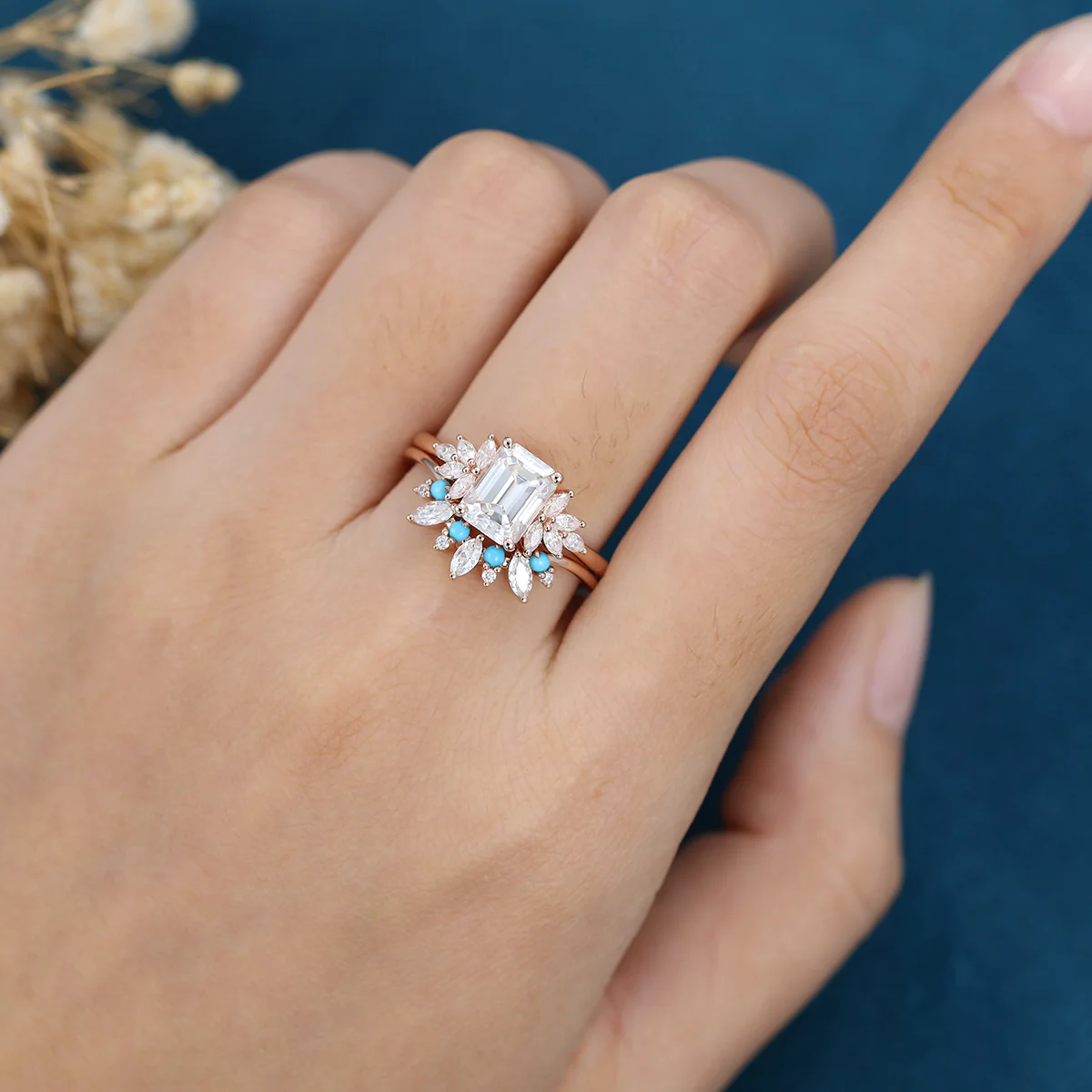 2PCS Emerald Cut Moissanite Cluster Engagement ring Bridal Set - Image 3
