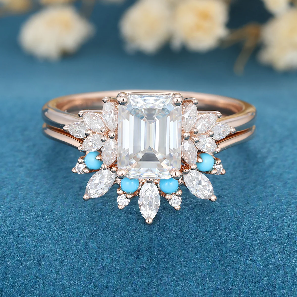 2PCS Emerald Cut Moissanite Cluster Engagement ring Bridal Set - Image 4