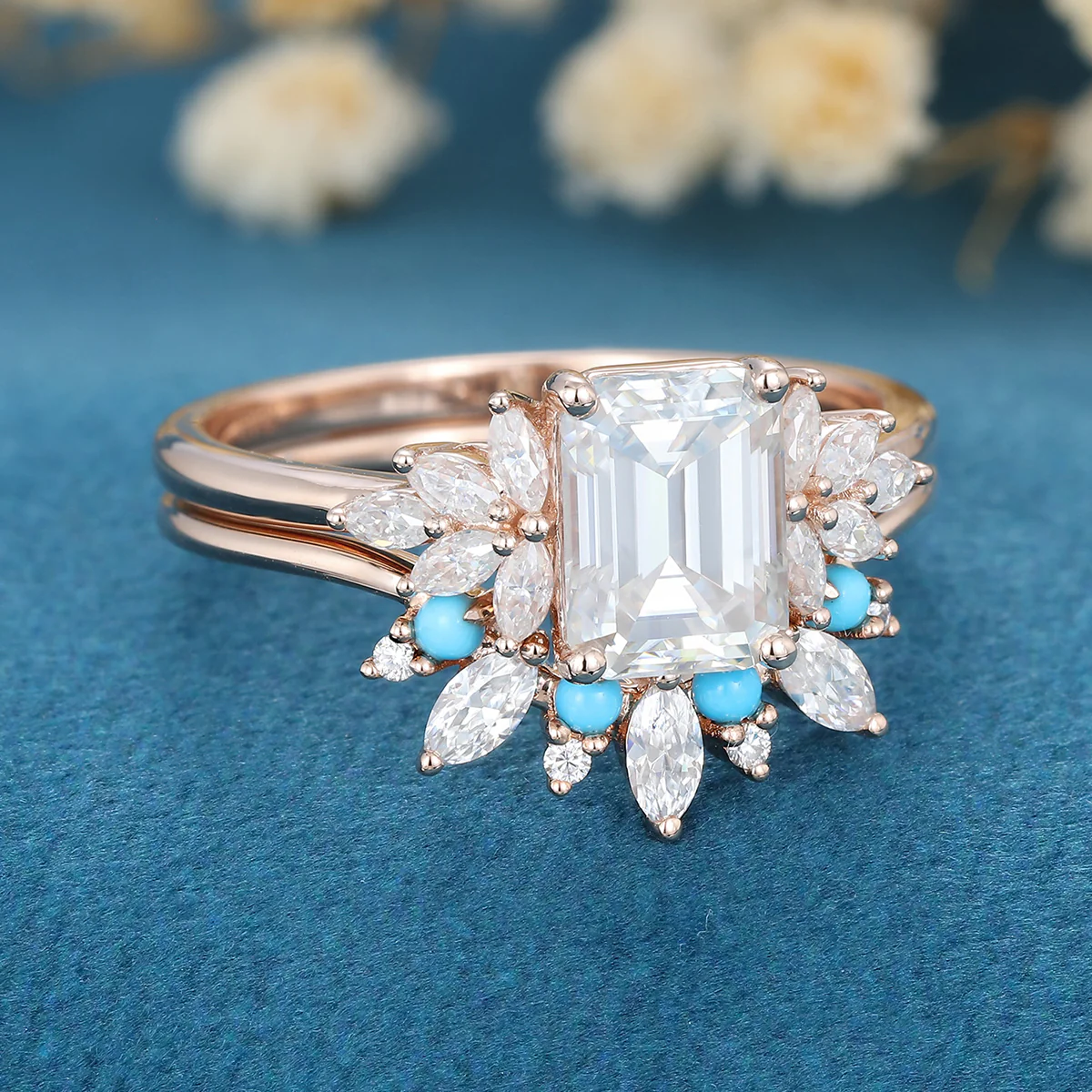 2PCS Emerald Cut Moissanite Cluster Engagement ring Bridal Set - Image 5