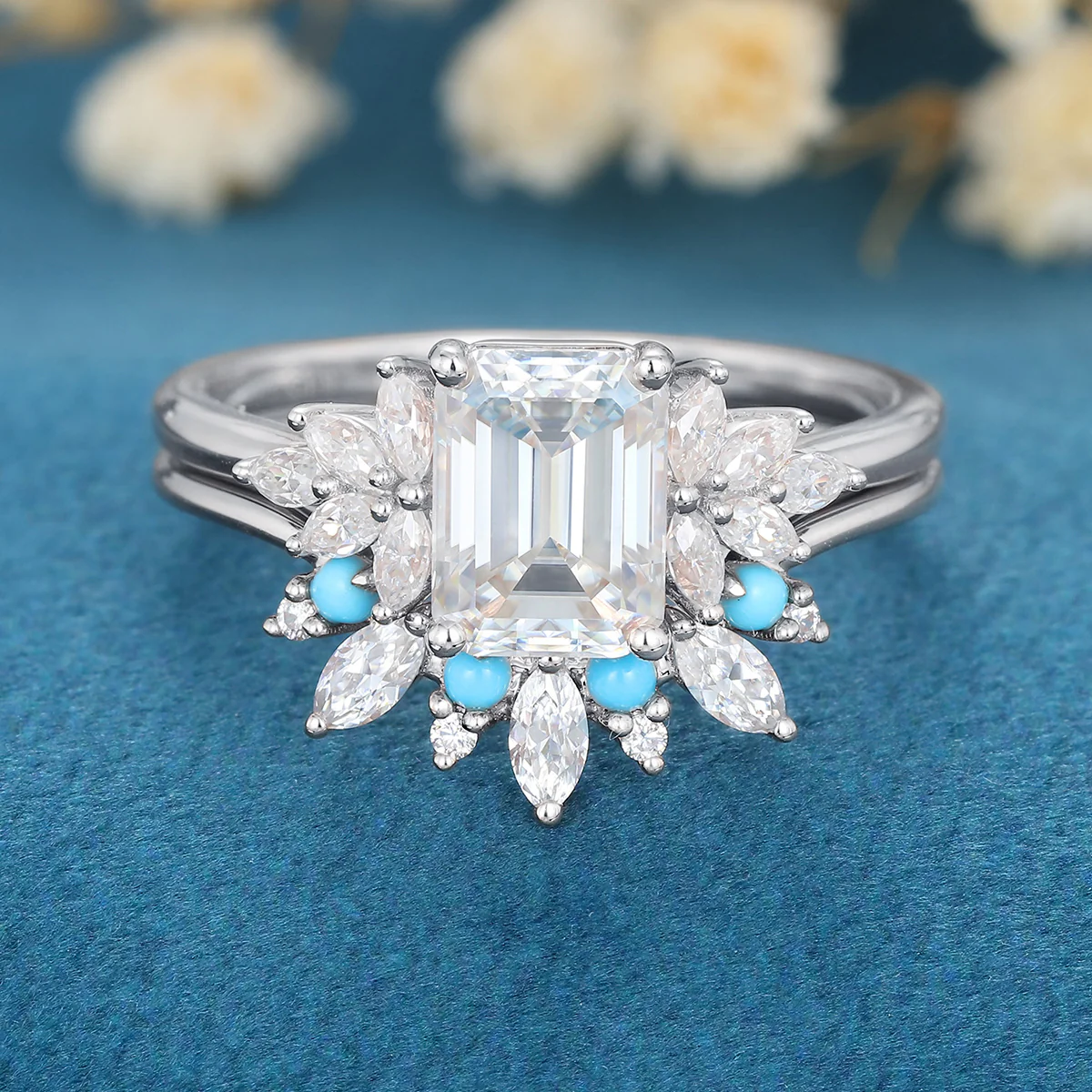2PCS Emerald Cut Moissanite Cluster Engagement ring Bridal Set - Image 6