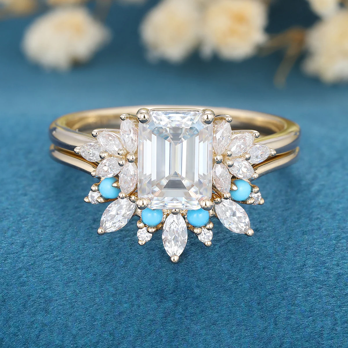 2PCS Emerald Cut Moissanite Cluster Engagement ring Bridal Set - Image 7