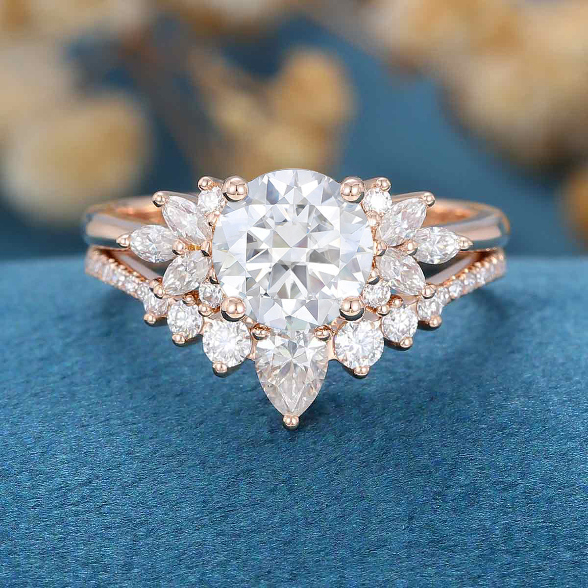 2PCS Round Moissanite Cluster Engagement Bridal Set - Image 6