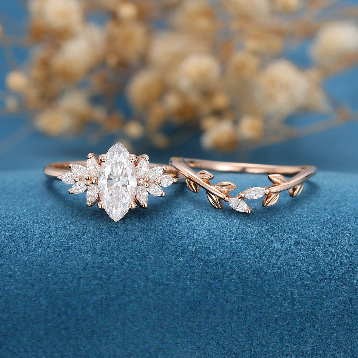 1.0 Carat Vintage Marquise cut Moissanite Cluster Engagement Ring Bridal Set - Image 3