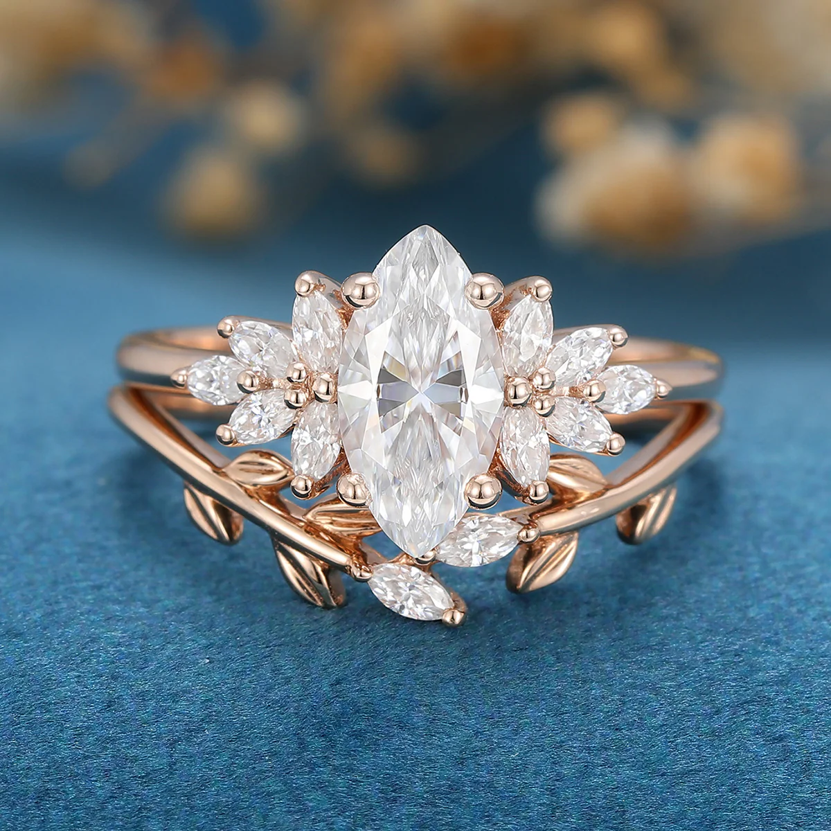 1.0 Carat Vintage Marquise cut Moissanite Cluster Engagement Ring Bridal Set - Image 4