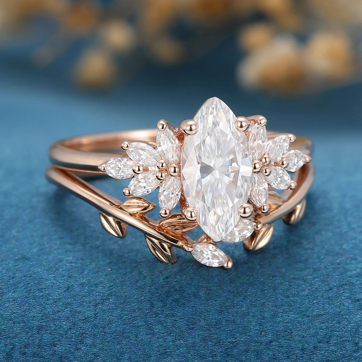 1.0 Carat Vintage Marquise cut Moissanite Cluster Engagement Ring Bridal Set - Image 5