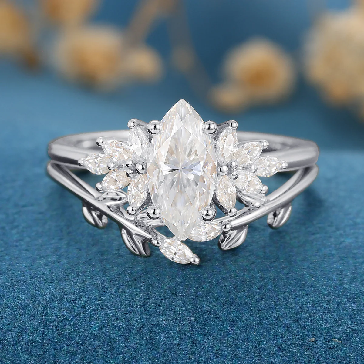 1.0 Carat Vintage Marquise cut Moissanite Cluster Engagement Ring Bridal Set - Image 6