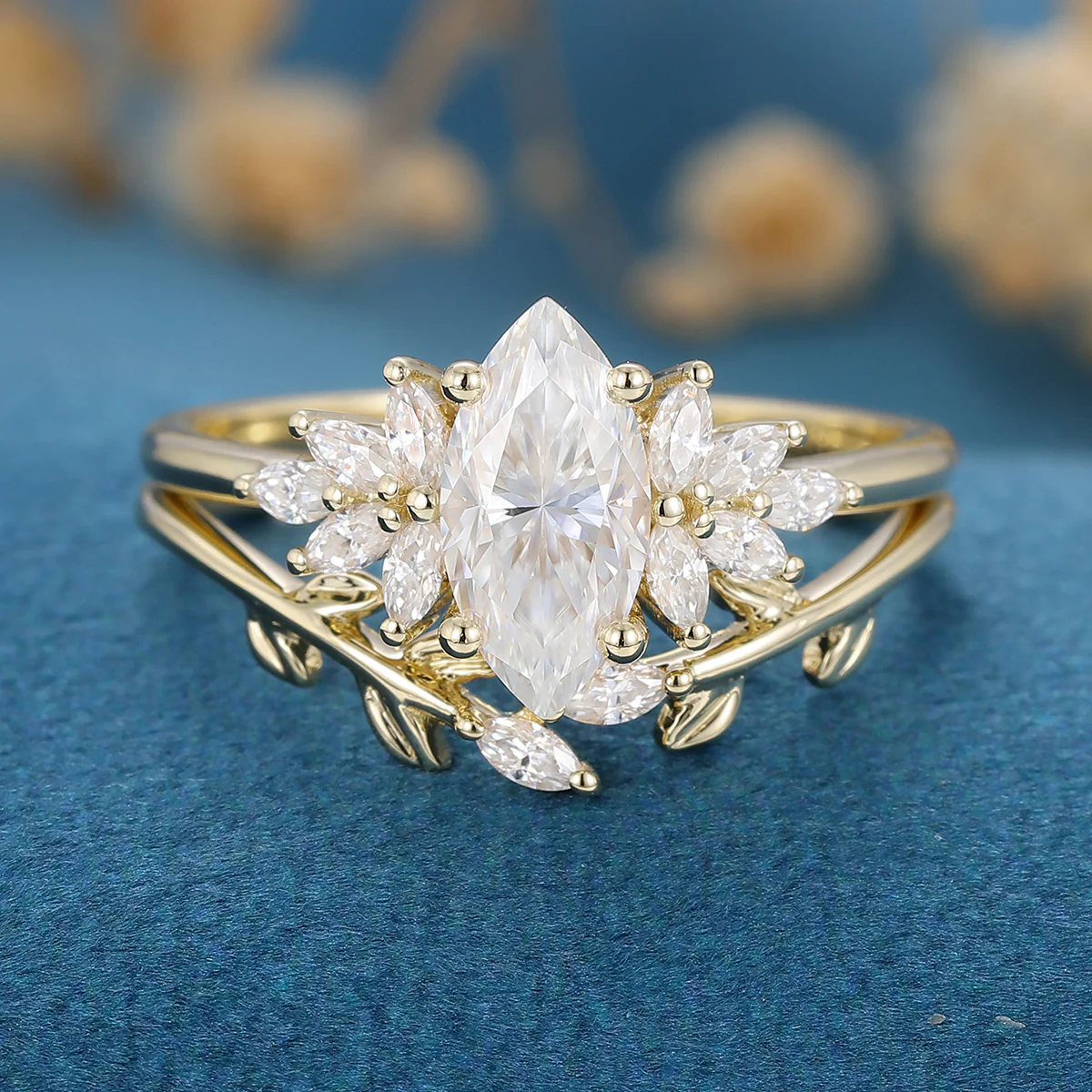 1.0 Carat Vintage Marquise cut Moissanite Cluster Engagement Ring Bridal Set - Image 7
