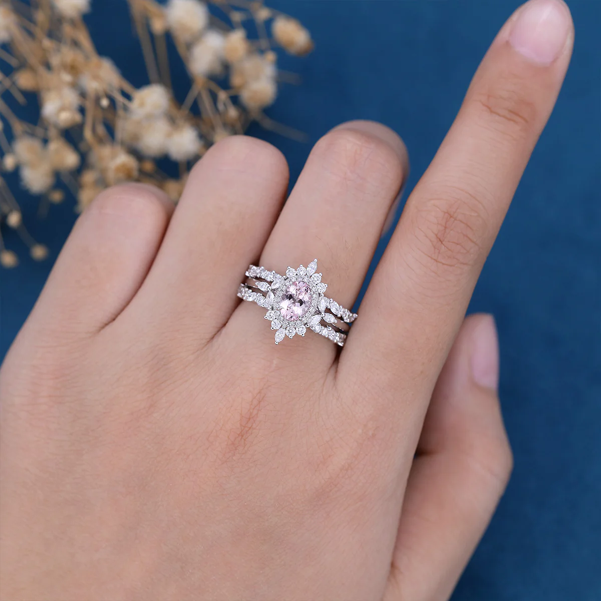 1.0Carat Oval cut Morganite Engagement ring Bridal Set - Image 3