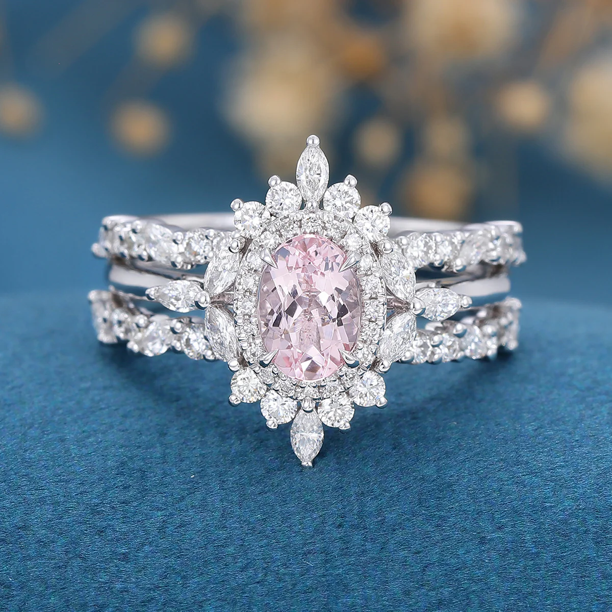 1.0Carat Oval cut Morganite Engagement ring Bridal Set - Image 4