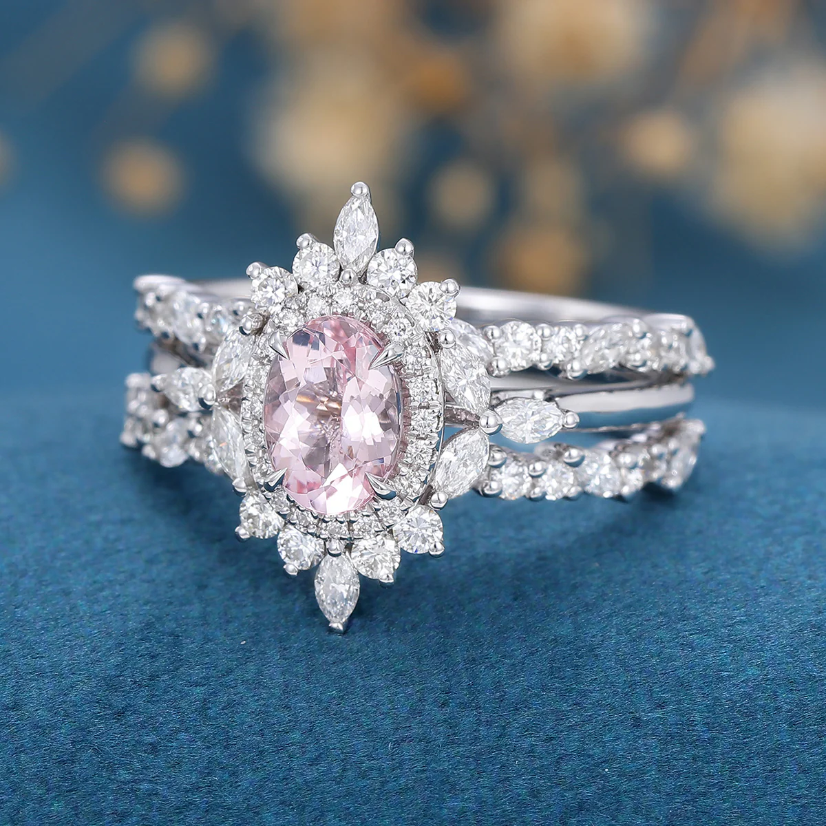 1.0Carat Oval cut Morganite Engagement ring Bridal Set - Image 5