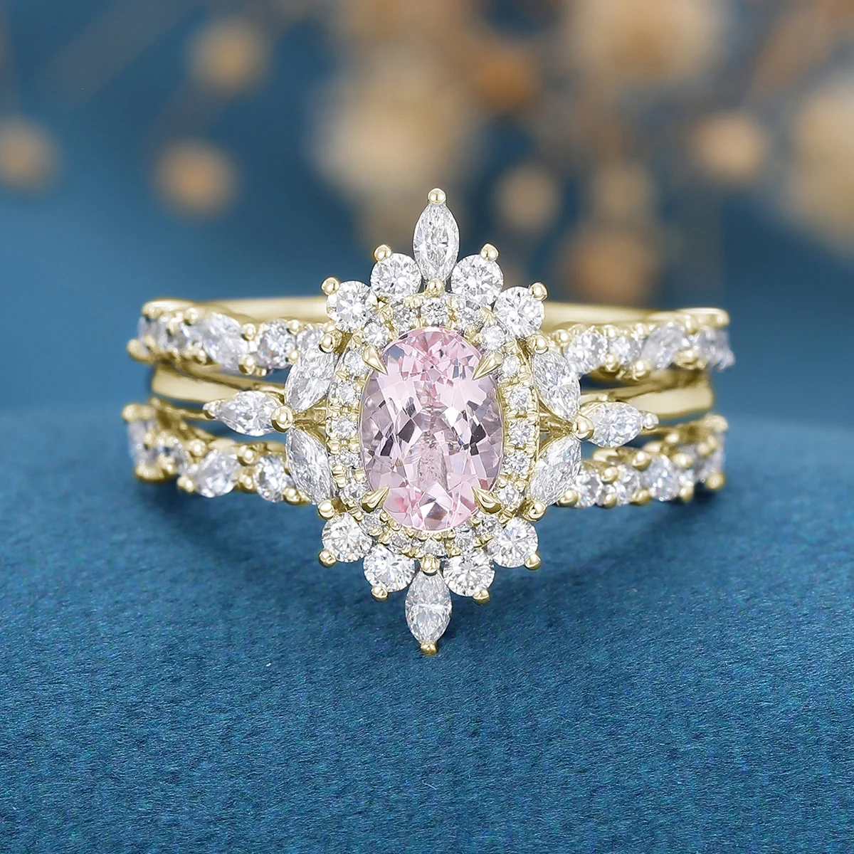 1.0Carat Oval cut Morganite Engagement ring Bridal Set - Image 6