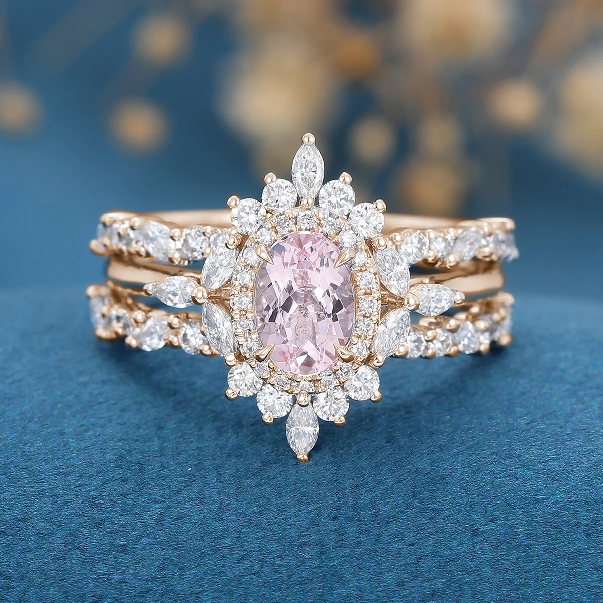 1.0Carat Oval cut Morganite Engagement ring Bridal Set - Image 7