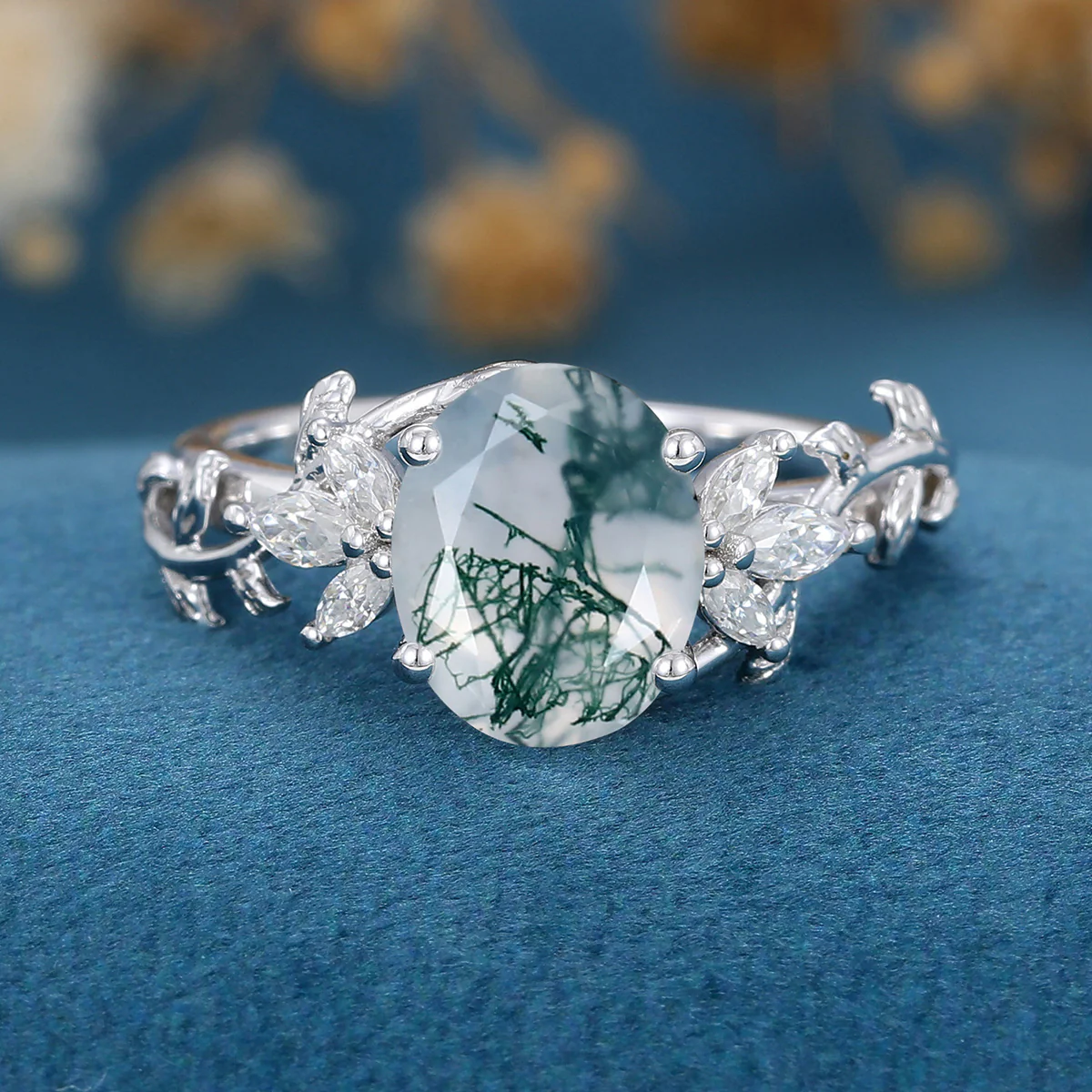 Natural Moss Agate Oval cut cluster Engagement Ring - Image 10
