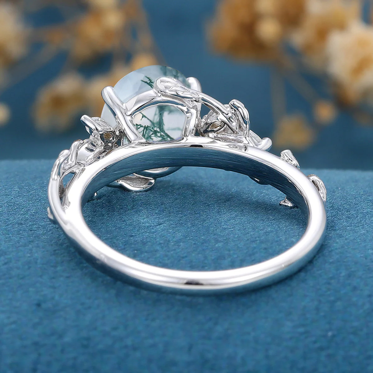 Natural Moss Agate Oval cut cluster Engagement Ring - Image 11