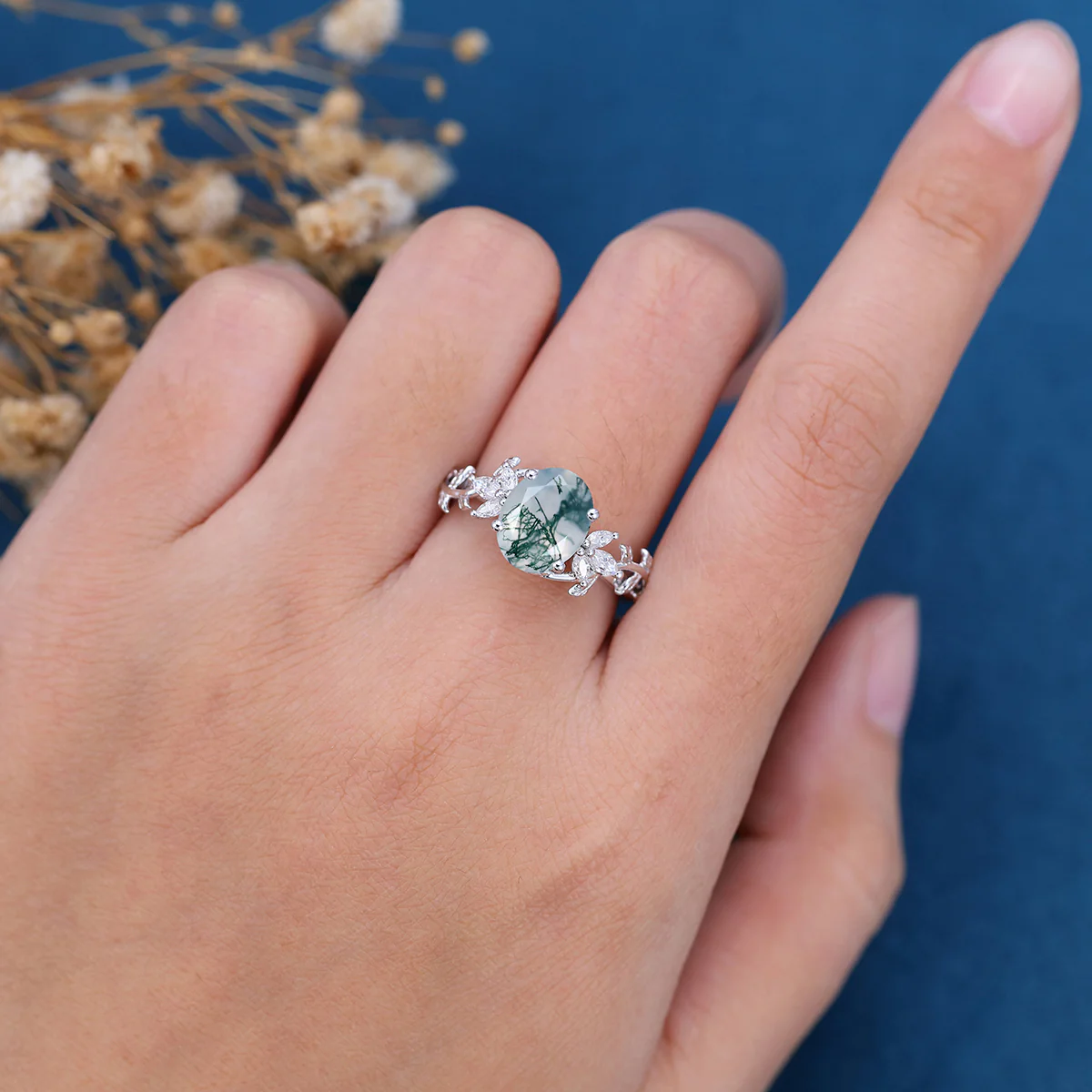 Natural Moss Agate Oval cut cluster Engagement Ring - Image 12