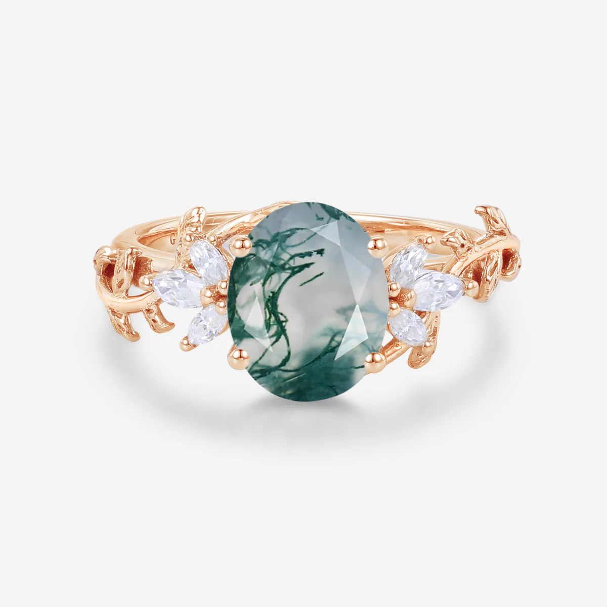 Natural Moss Agate Oval cut cluster Engagement Ring - Image 3