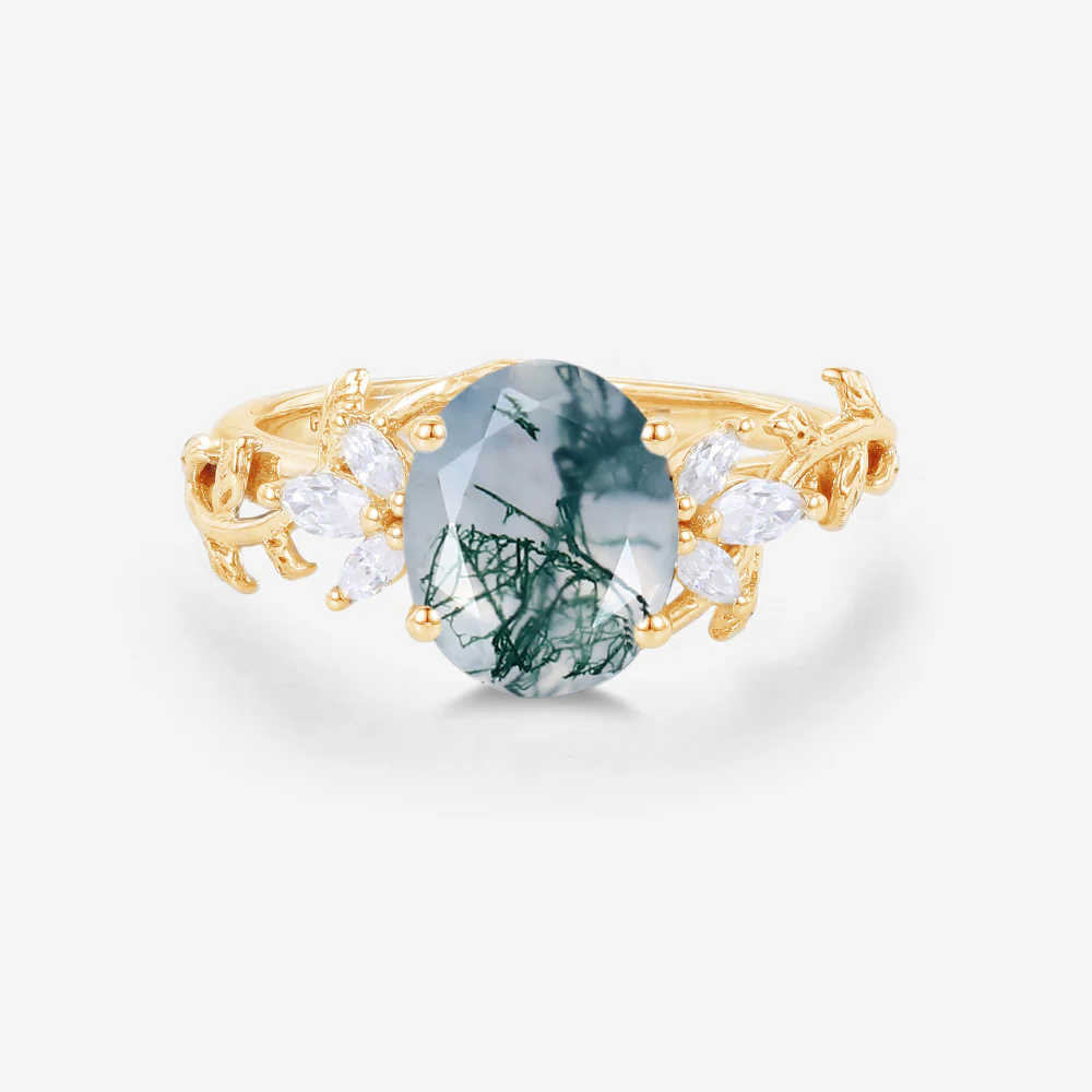 Natural Moss Agate Oval cut cluster Engagement Ring - Image 4