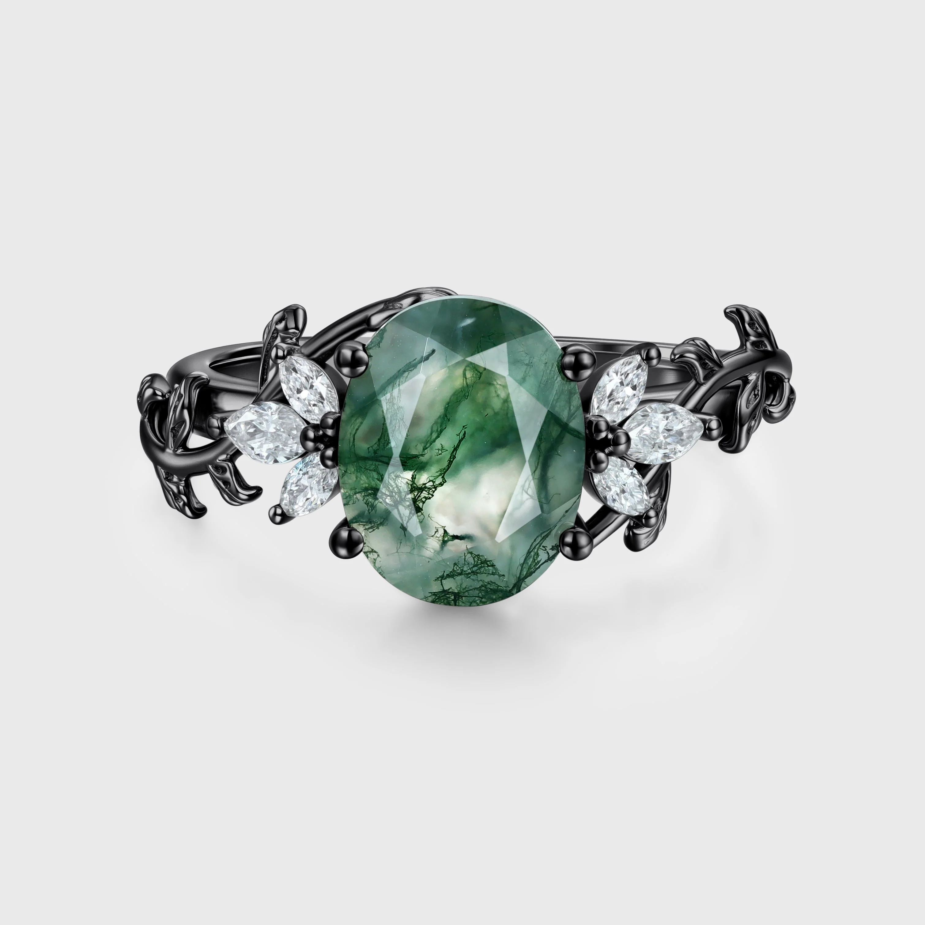 Natural Moss Agate Oval cut cluster Engagement Ring - Image 5