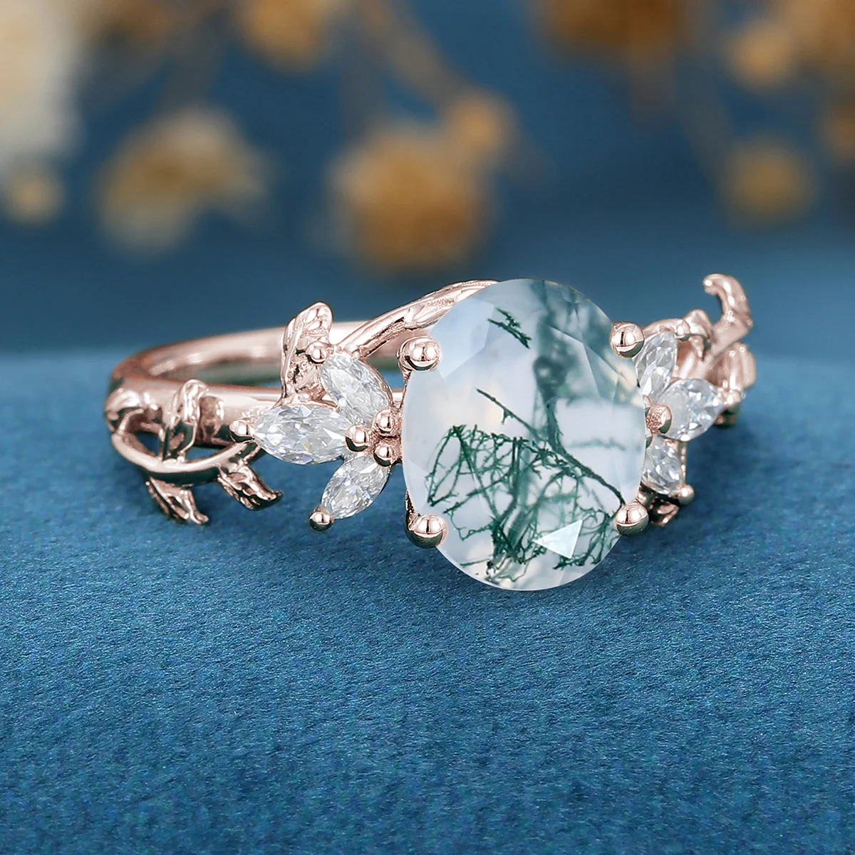 Natural Moss Agate Oval cut cluster Engagement Ring - Image 6