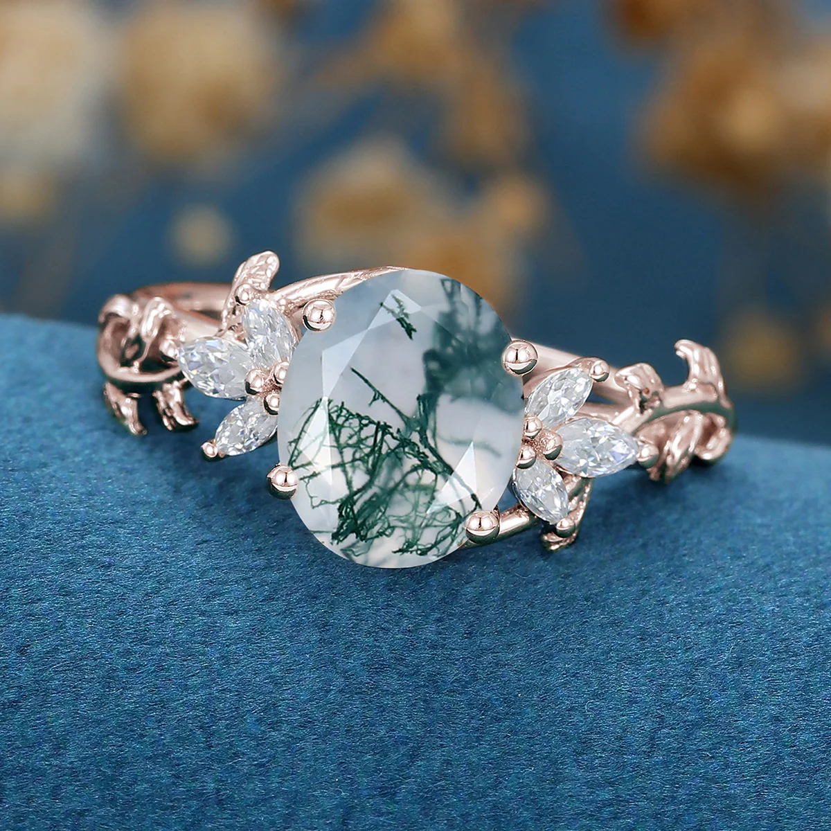 Natural Moss Agate Oval cut cluster Engagement Ring - Image 7
