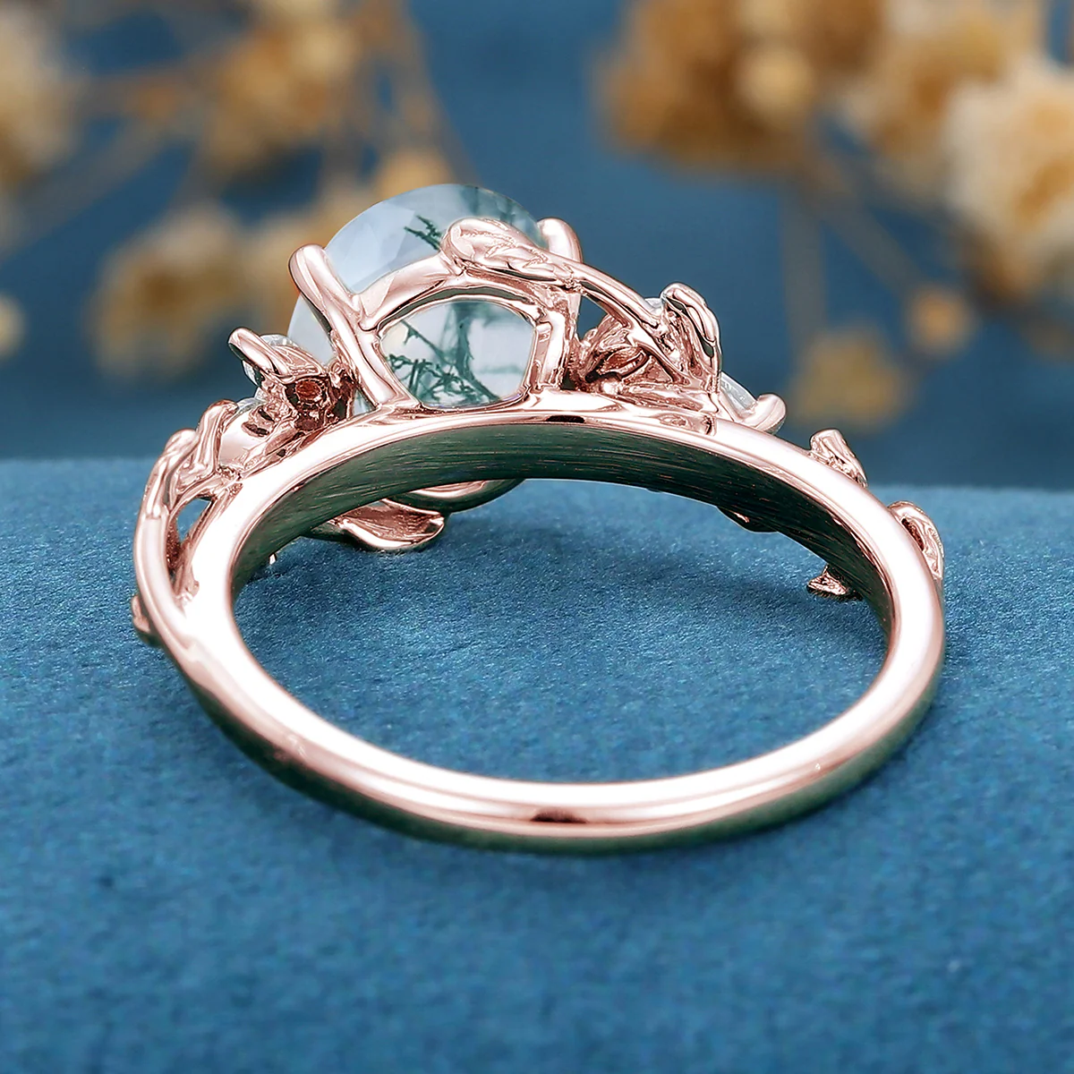 Natural Moss Agate Oval cut cluster Engagement Ring - Image 8