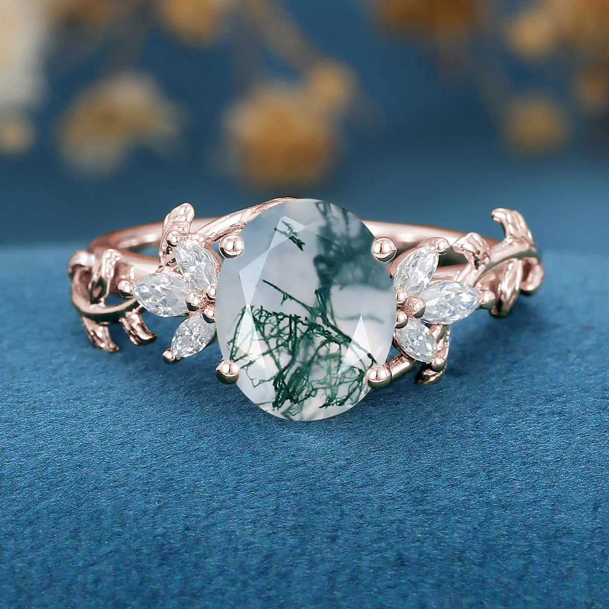 Natural Moss Agate Oval cut cluster Engagement Ring - Image 9