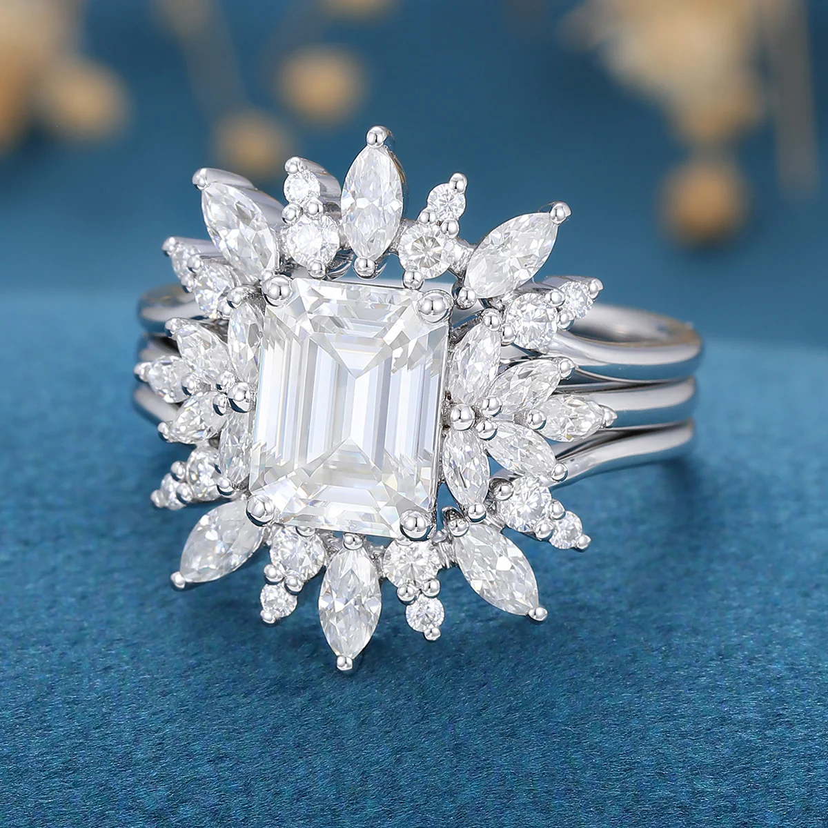 1.75 Carat Emerald cut Moissanite Cluster Engagement Ring Bridal Set - Image 4