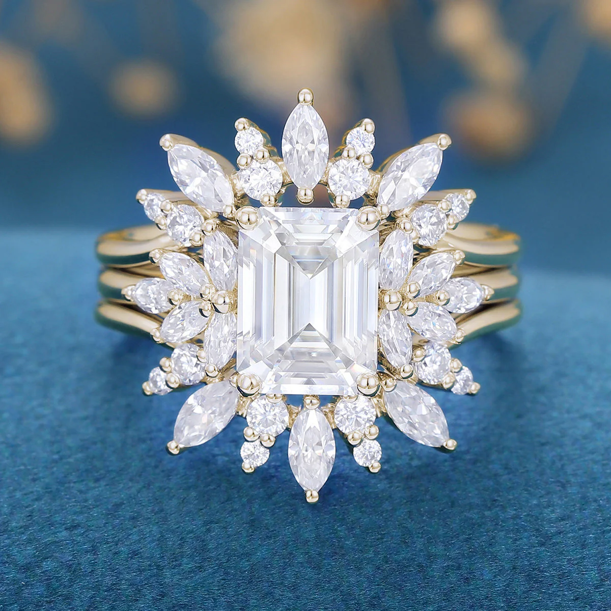 1.75 Carat Emerald cut Moissanite Cluster Engagement Ring Bridal Set - Image 6