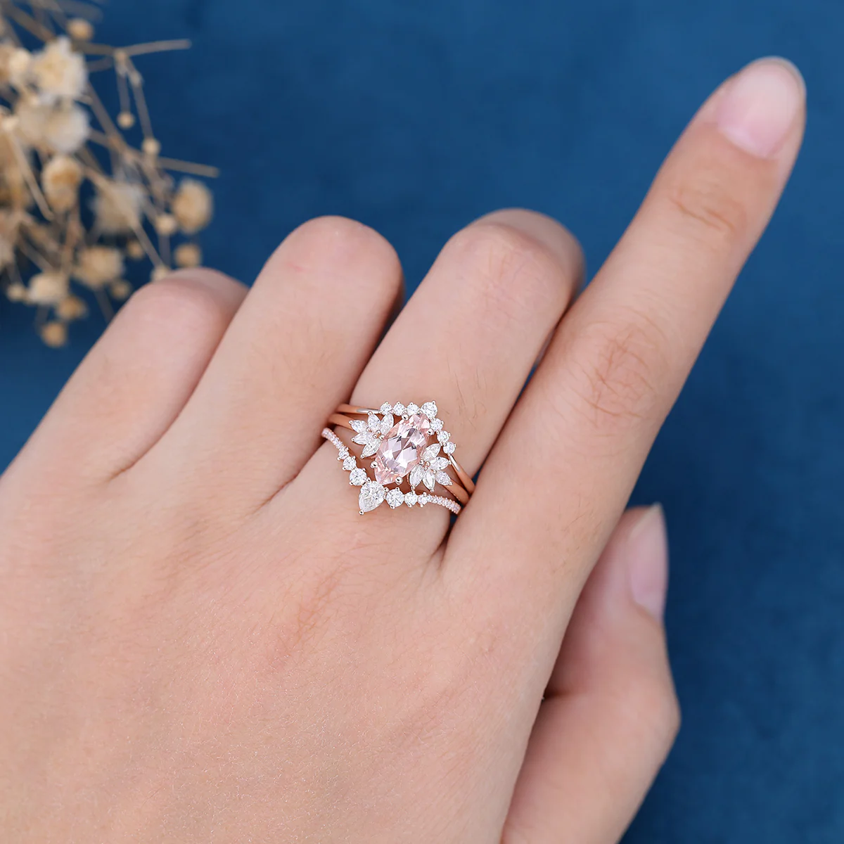 1.0Carat Marquise cut Morganite Cluster Engagement ring Bridal Set - Image 3