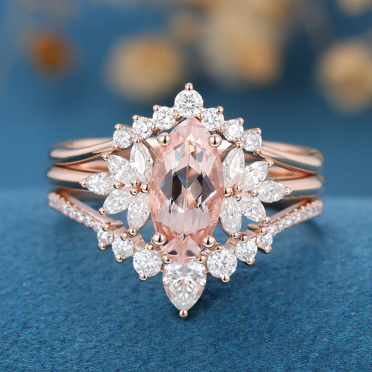 1.0Carat Marquise cut Morganite Cluster Engagement ring Bridal Set - Image 4