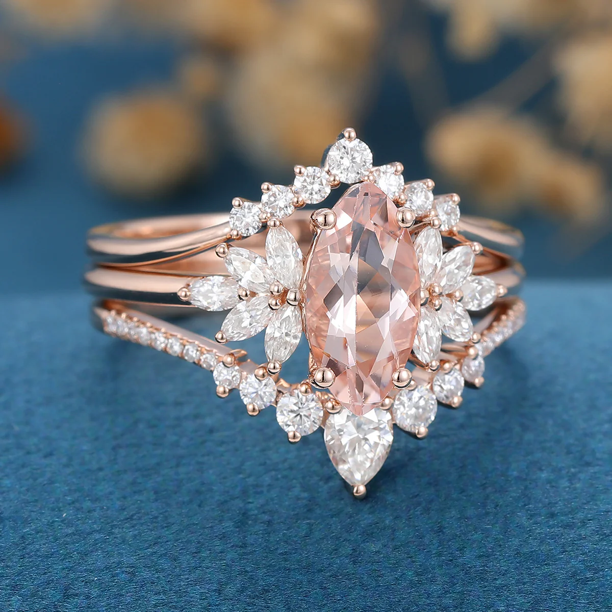 1.0Carat Marquise cut Morganite Cluster Engagement ring Bridal Set - Image 5