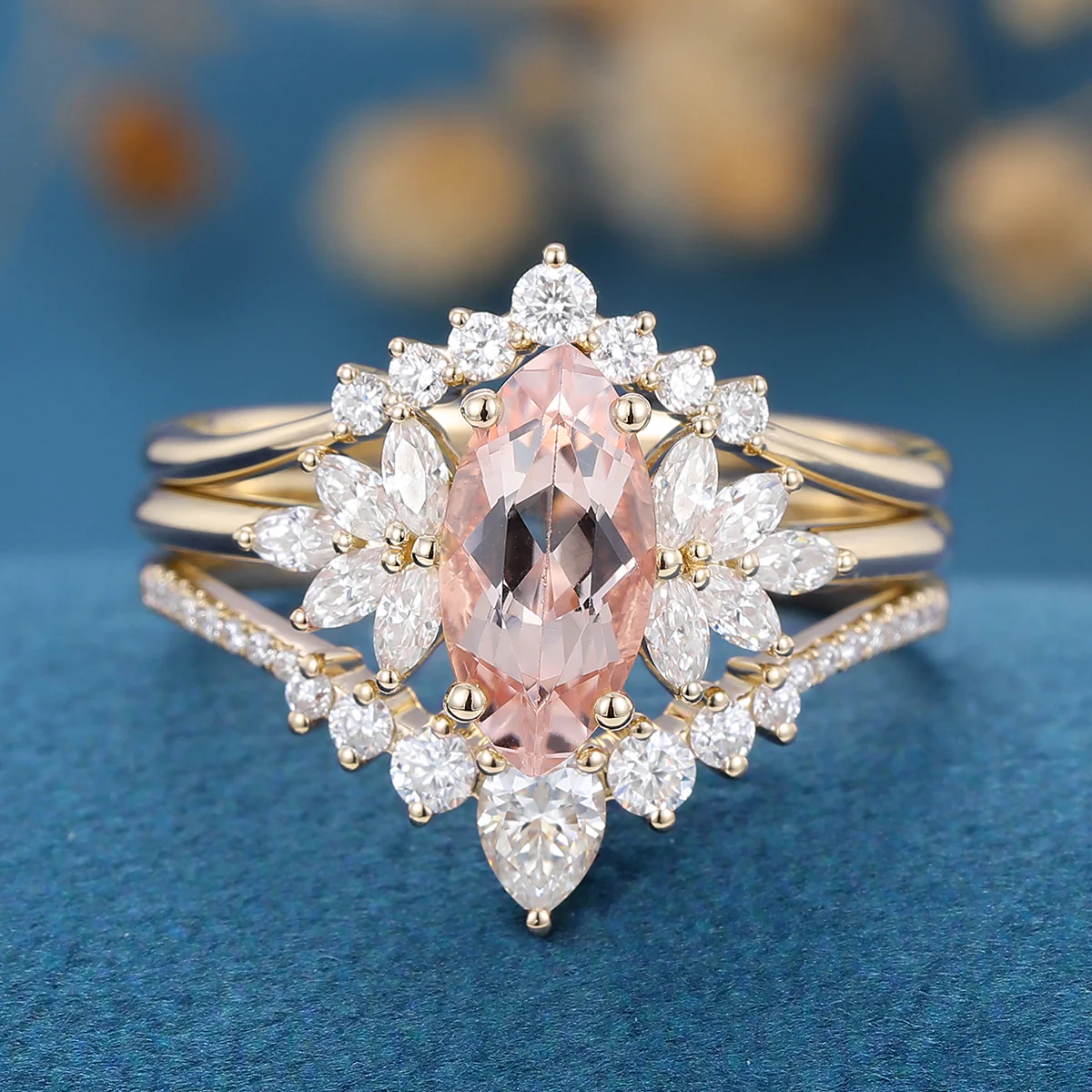 1.0Carat Marquise cut Morganite Cluster Engagement ring Bridal Set - Image 6