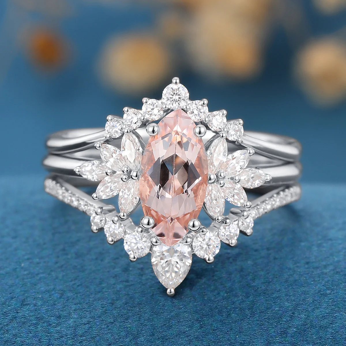 1.0Carat Marquise cut Morganite Cluster Engagement ring Bridal Set - Image 7