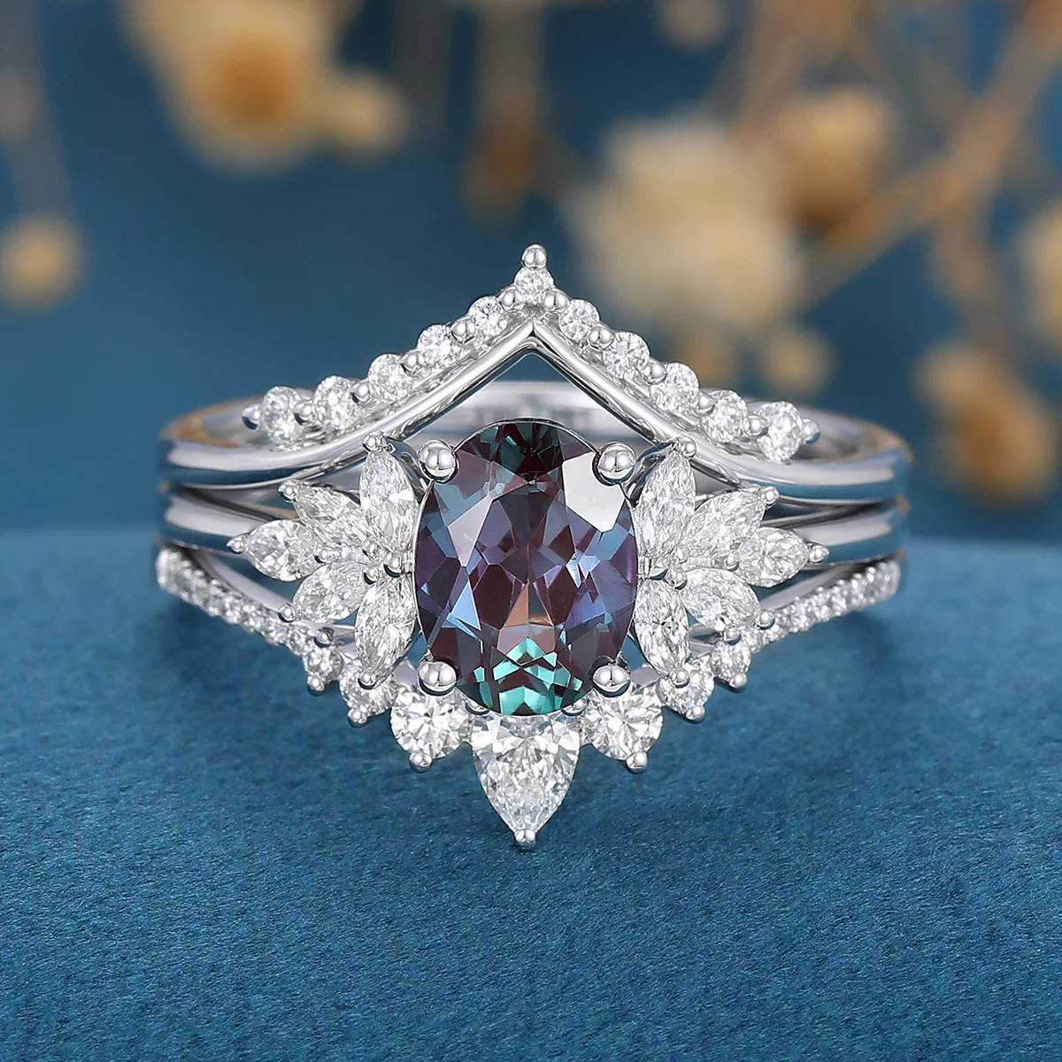 1.5Carat Oval Alexandrite Cluster Engagement ring Bridal Set - Image 4