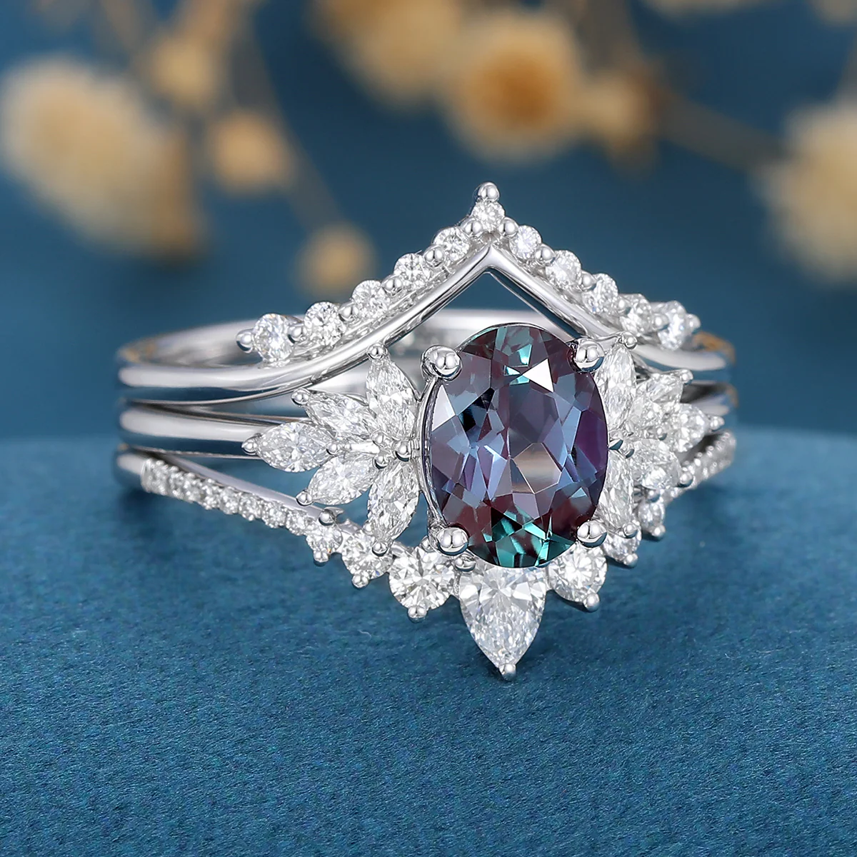 1.5Carat Oval Alexandrite Cluster Engagement ring Bridal Set - Image 6