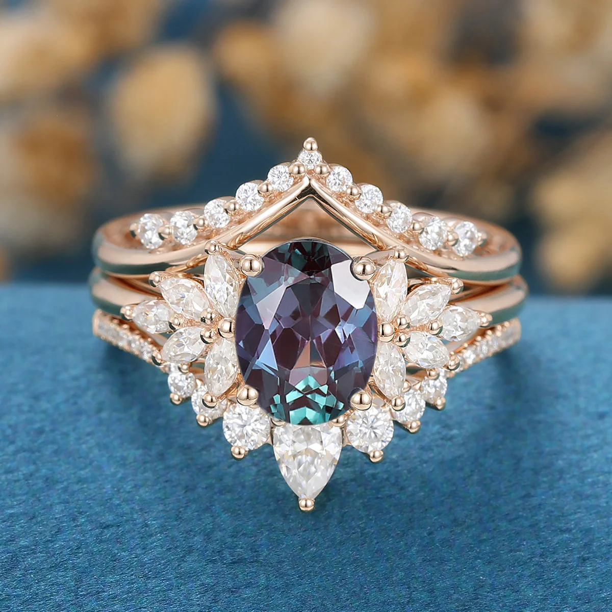 1.5Carat Oval Alexandrite Cluster Engagement ring Bridal Set - Image 7