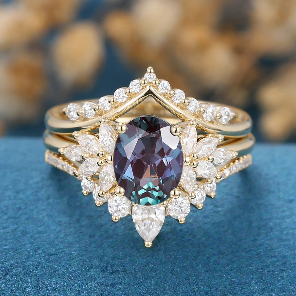 1.5Carat Oval Alexandrite Cluster Engagement ring Bridal Set - Image 8