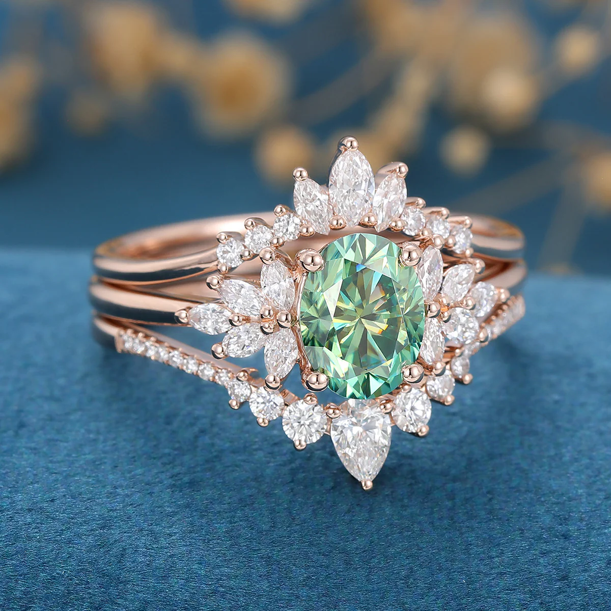 1.5 Carat Oval cut Green Moissanite Cluster Engagement Bridal Set - Image 10