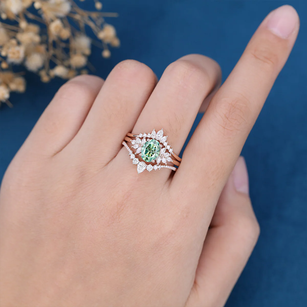 1.5 Carat Oval cut Green Moissanite Cluster Engagement Bridal Set - Image 11