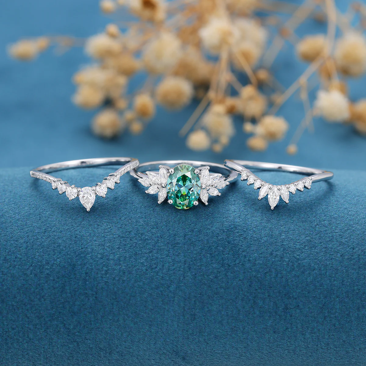 1.5 Carat Oval cut Green Moissanite Cluster Engagement Bridal Set - Image 3