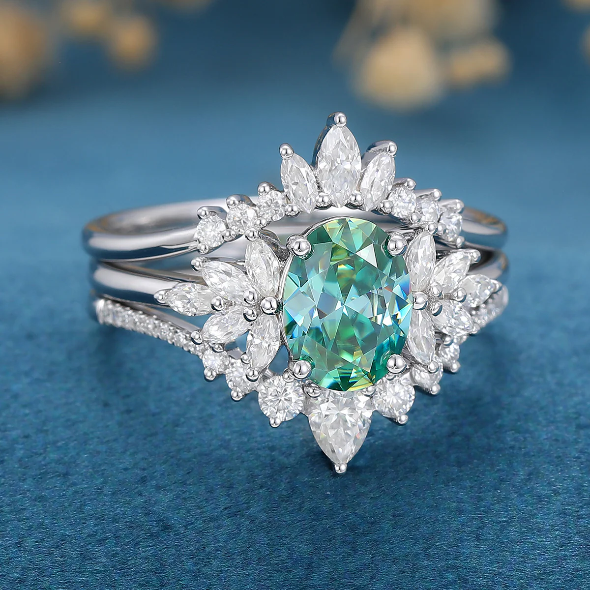1.5 Carat Oval cut Green Moissanite Cluster Engagement Bridal Set - Image 5