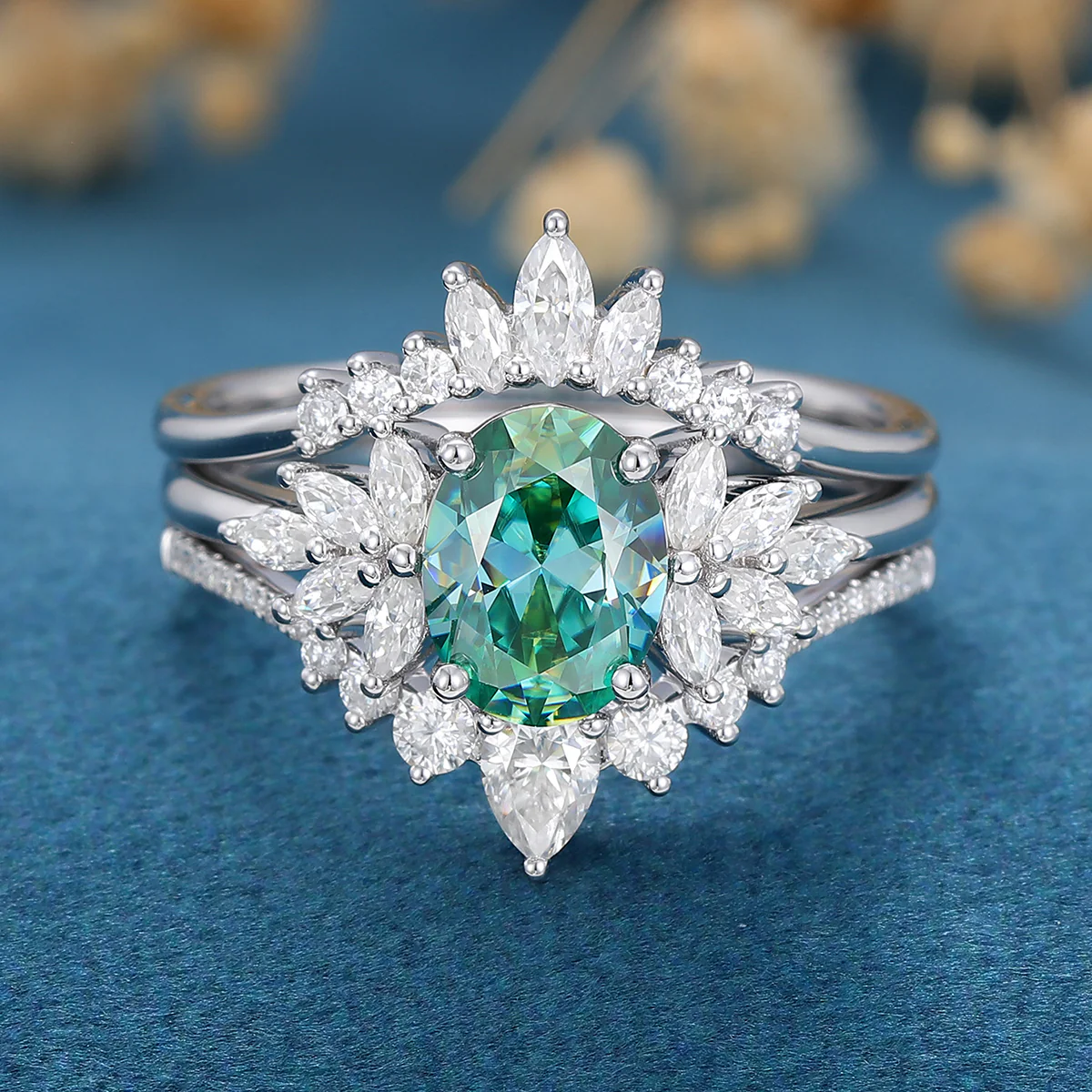 1.5 Carat Oval cut Green Moissanite Cluster Engagement Bridal Set - Image 6