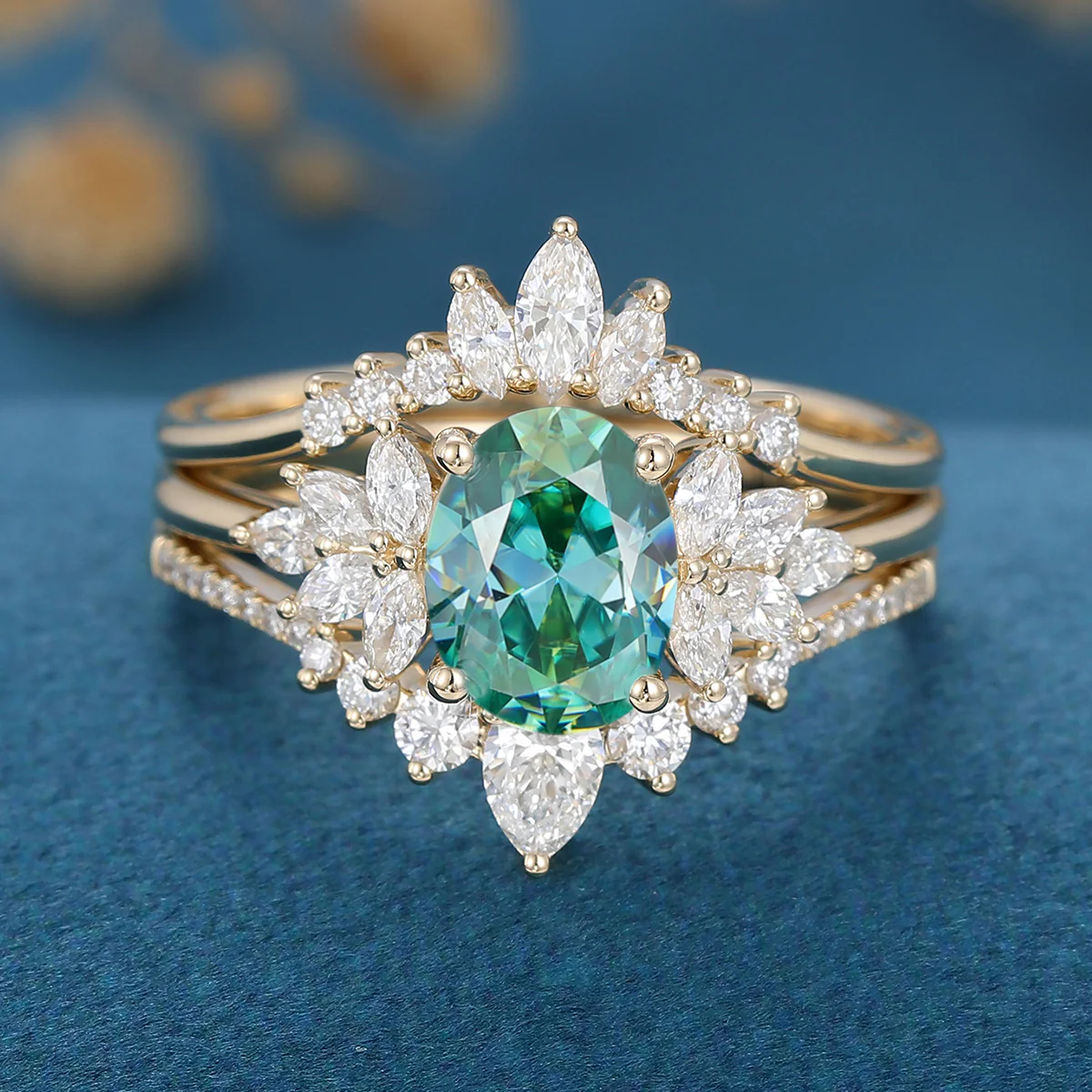 1.5 Carat Oval cut Green Moissanite Cluster Engagement Bridal Set - Image 7